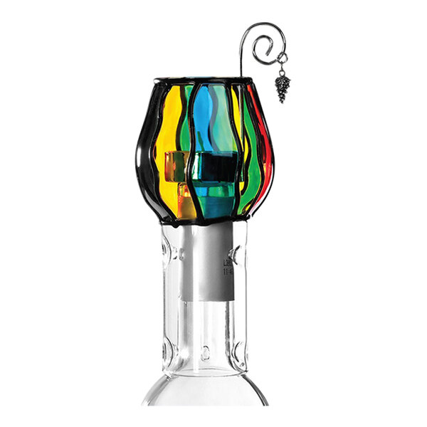 A Franmara Stained Glass Dome Wine Chimney Candle Holder with colorful glass top.