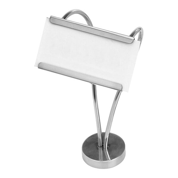An Eastern Tabletop stainless steel table card holder with a white paper sign on it.
