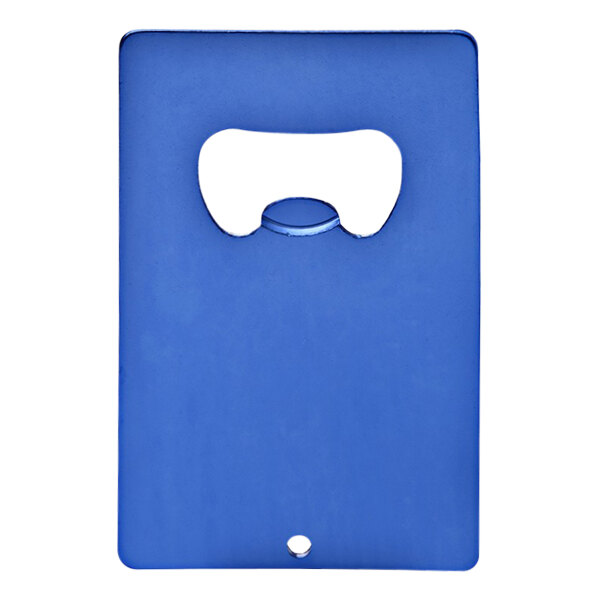 A blue plastic Franmara credit card shaped bottle opener with a hole in it.