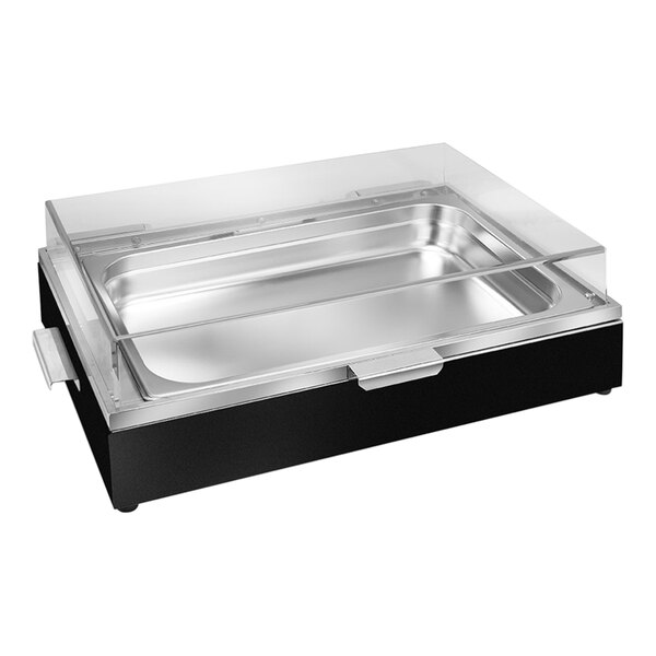 An Eastern Tabletop black and silver rectangular chafing dish with a clear lid.