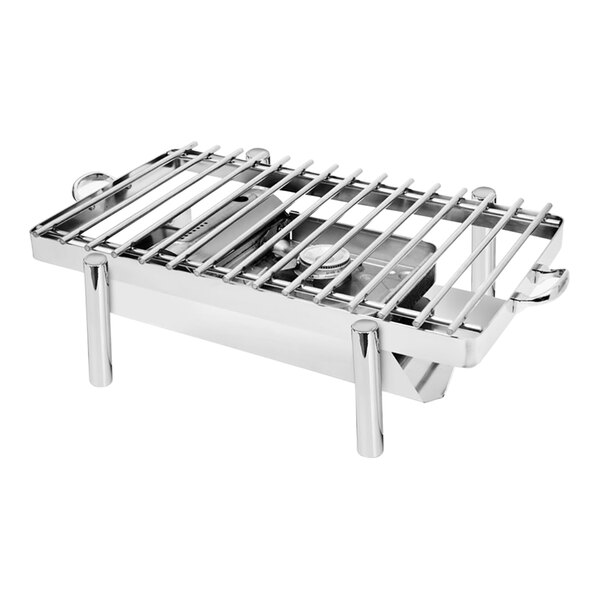 An Eastern Tabletop stainless steel grill stand with a removable grill top on a counter.