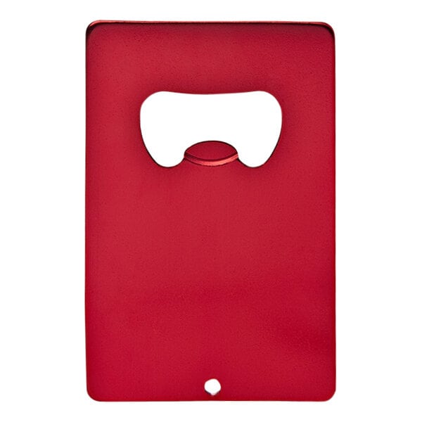 A red Franmara credit card shaped bottle opener with a hole in the middle.