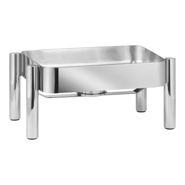 A silver metal rectangular stand with legs for an Eastern Tabletop Jazz Rock square chafer.