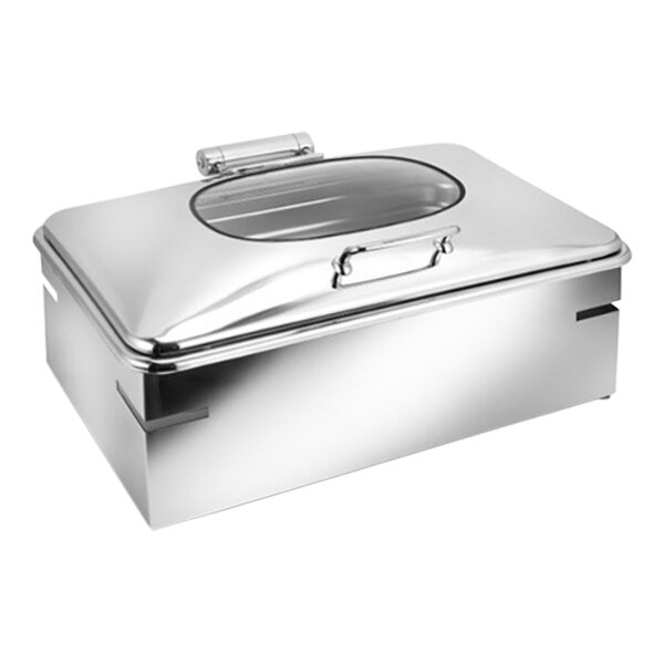An Eastern Tabletop stainless steel rectangular chafer with glass lid.