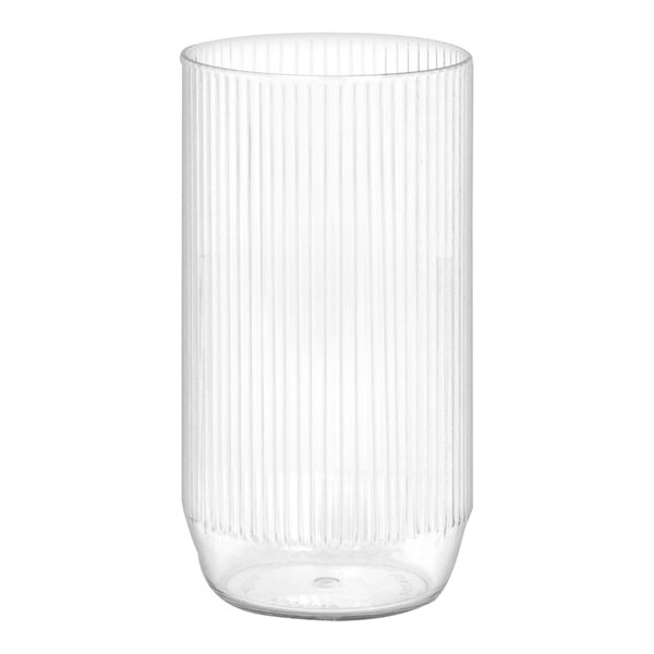 A clear plastic rocks glass with a vertical stripe pattern.