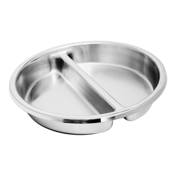 A stainless steel round food pan with a divider.