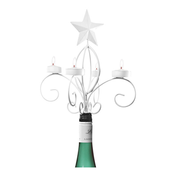 A Franmara white wine bottle candelabra with a star on top.