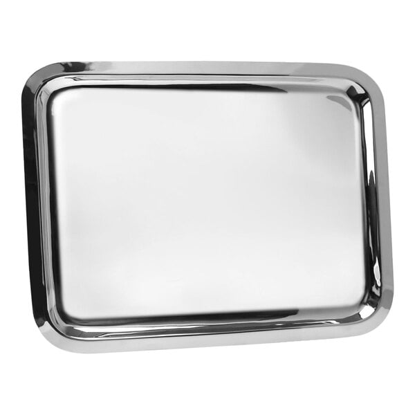 An Eastern Tabletop rectangular stainless steel tray on a counter.