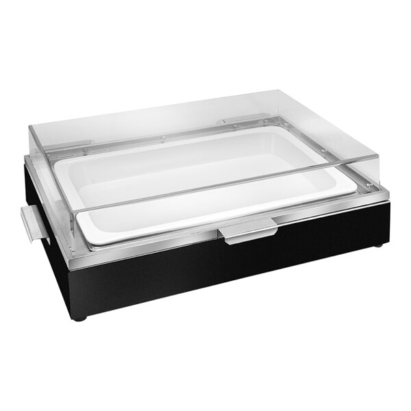 An Eastern Tabletop black coated rectangular chafing dish with porcelain food pan and clear acrylic cover.
