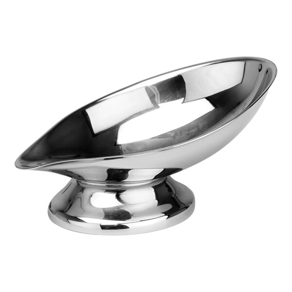 An Eastern Tabletop stainless steel oval spoon rest on a stand.