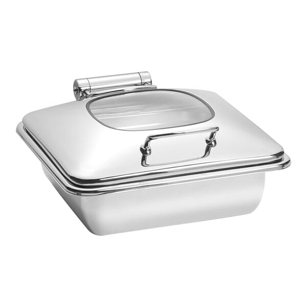 An Eastern Tabletop Park Avenue square stainless steel chafer with glass lid.
