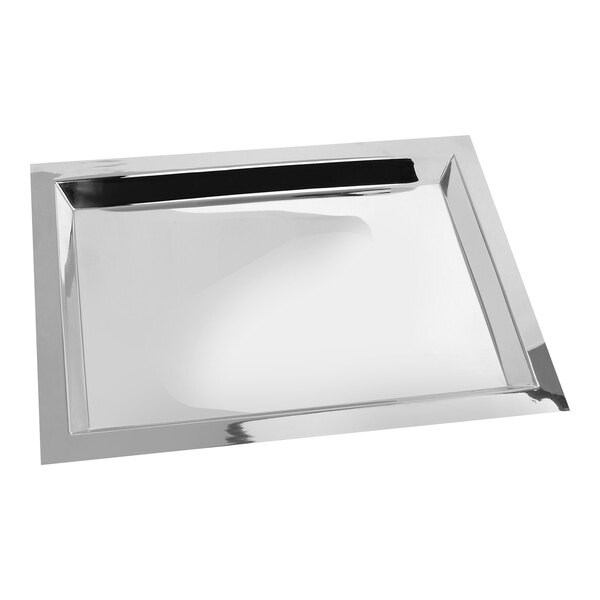 A rectangular stainless steel tray with a polished finish.