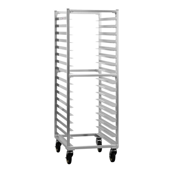 A New Age metal sheet pan rack with four shelves on wheels.