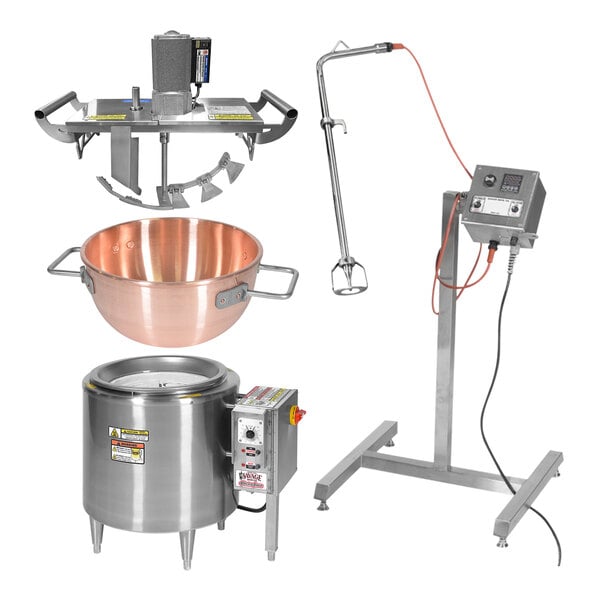 A copper kettle in a metal stand with a mixer.