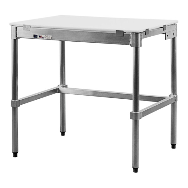A white rectangular New Age poly top table with metal legs.