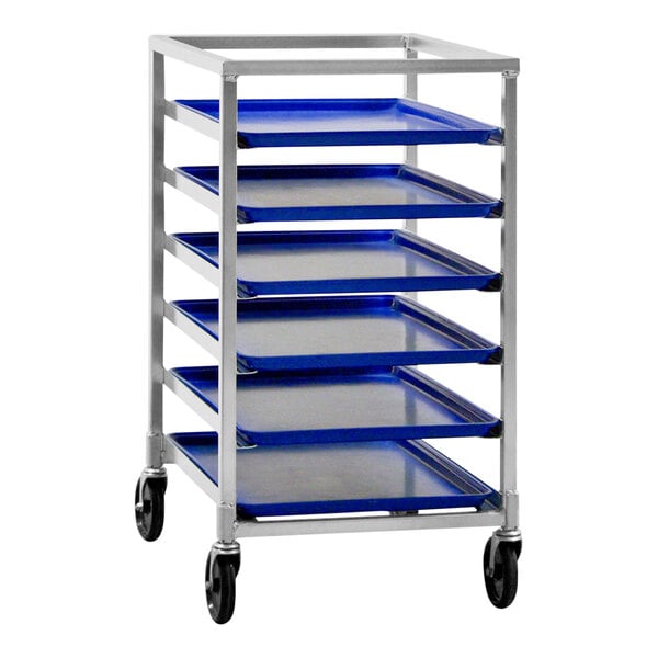 A metal cart with blue trays on shelves.