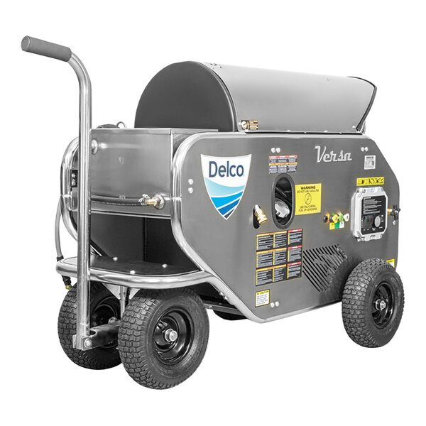 A Delco Versa 65076 portable hot water pressure washer machine on wheels with a handle.