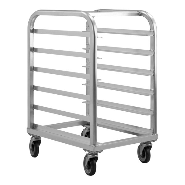 A silver metal rack with six shelves on wheels.