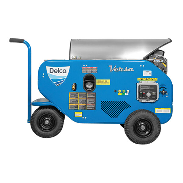 A blue and silver Delco Versa 65070 portable electric hot water pressure washer with wheels.