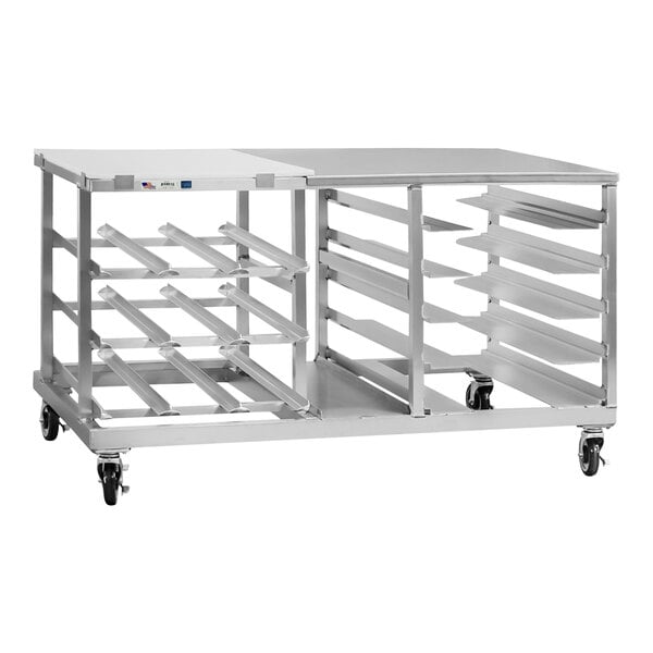 A New Age stainless steel work table with shelves on wheels.