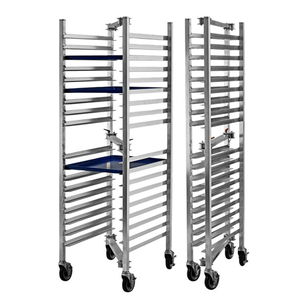 An End Load Aluminum Sheet Pan Rack with blue trays on it.