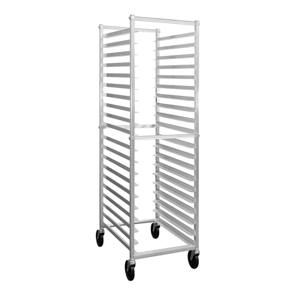 A New Age aluminum sheet pan rack with wheels.