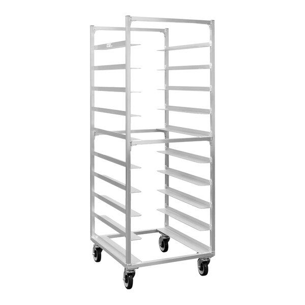A white metal New Age sheet pan rack with oval tray shelves and black wheels.