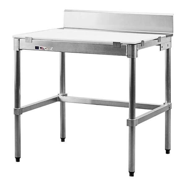 A New Age aluminum poly top work table with a stainless steel backsplash and metal legs.