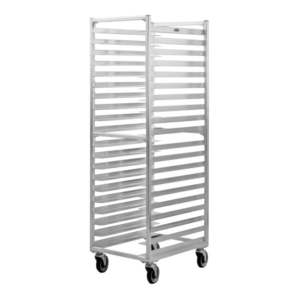 A white metal New Age sheet pan rack with wheels.
