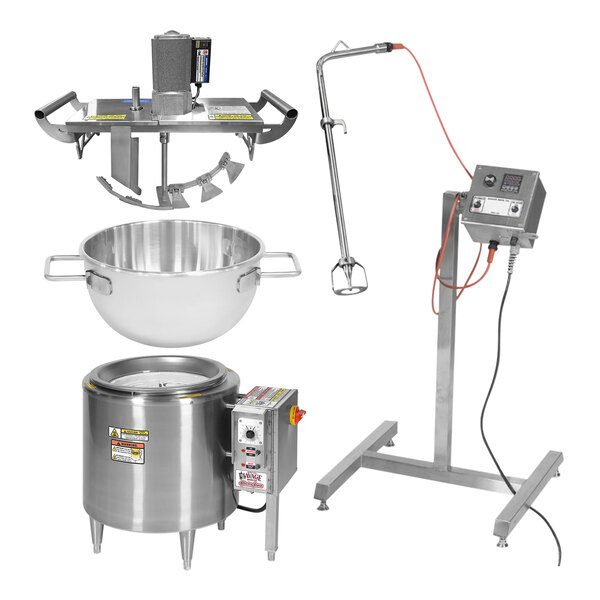 A Savage Bros stainless steel kettle and agitator set with a stand.