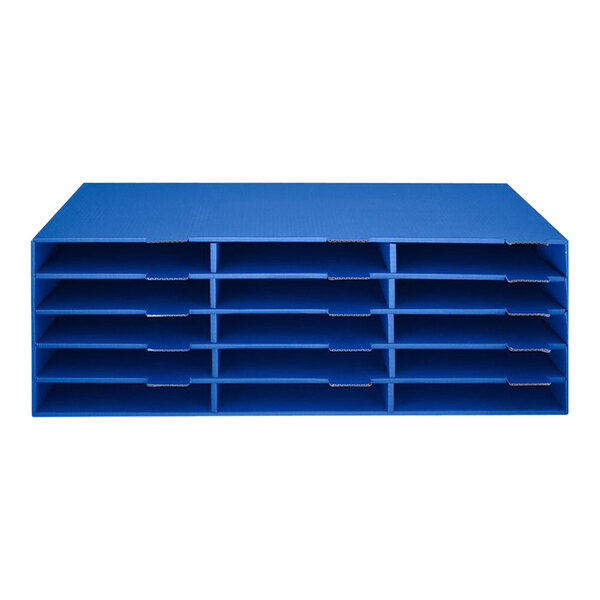 A blue plastic literature organizer with many compartments.