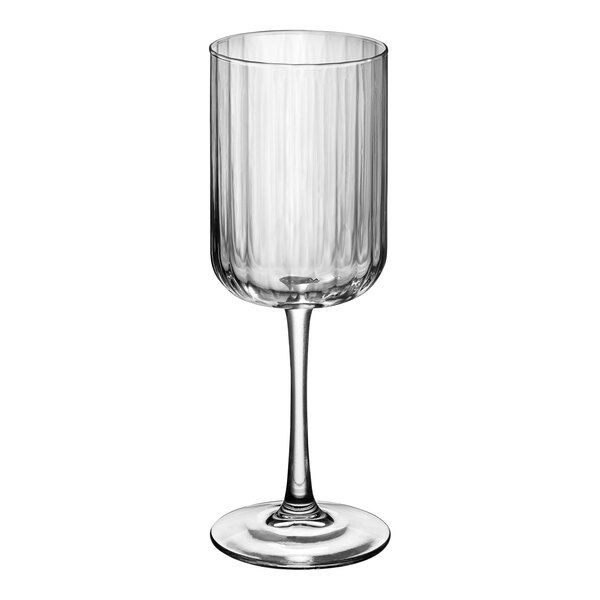 A close-up of a Libbey clear wine glass with a stem.