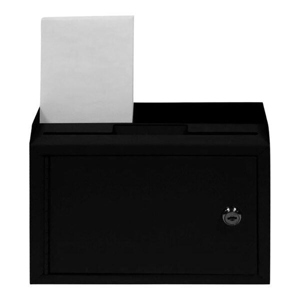 A black steel wall mounted suggestion box with a white suggestion card inside.