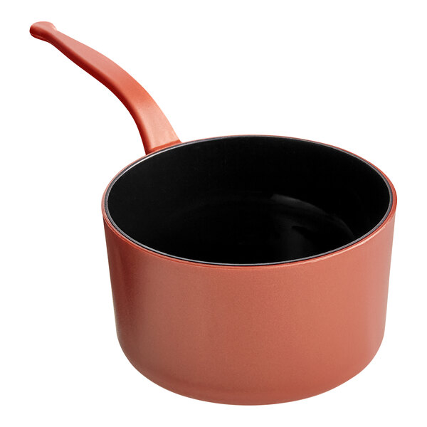 A Solia Eskoffie red plastic sauce pan with a black handle.
