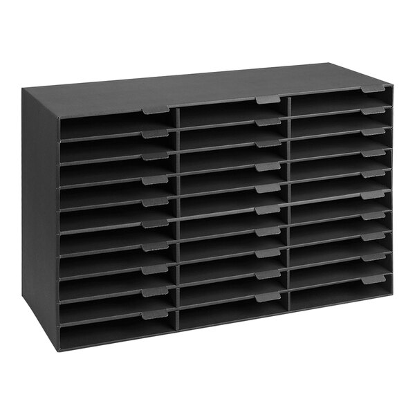 A black rectangular AdirOffice literature organizer with many compartments.