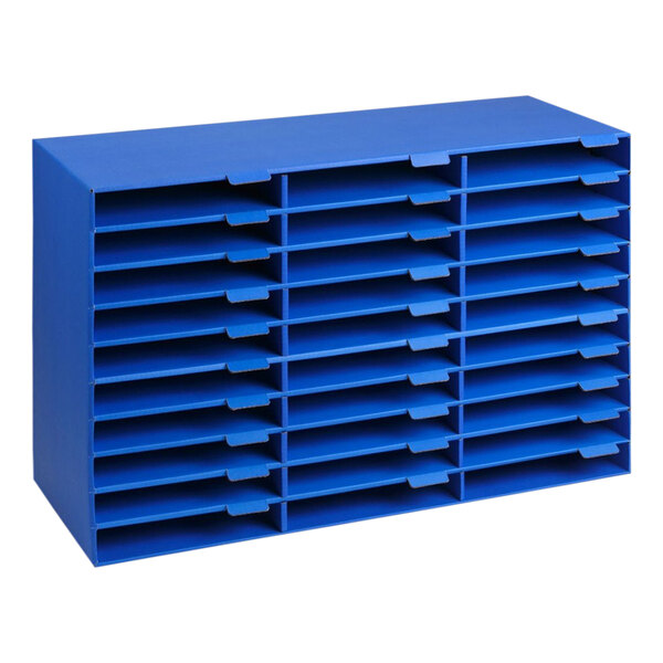 A blue plastic ADIRoffice literature organizer with many compartments.