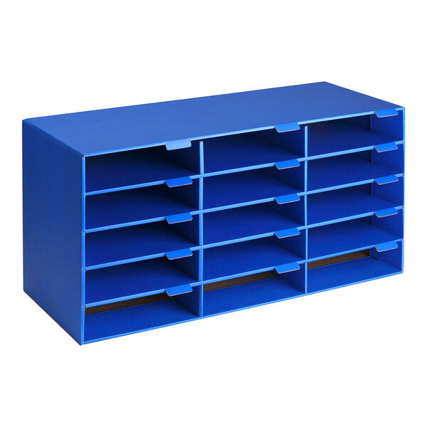 A blue AdirOffice literature organizer with 15 compartments.