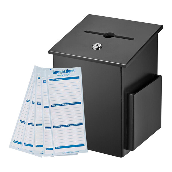 A black ADIRoffice wall mounted suggestion box with a few white papers inside.