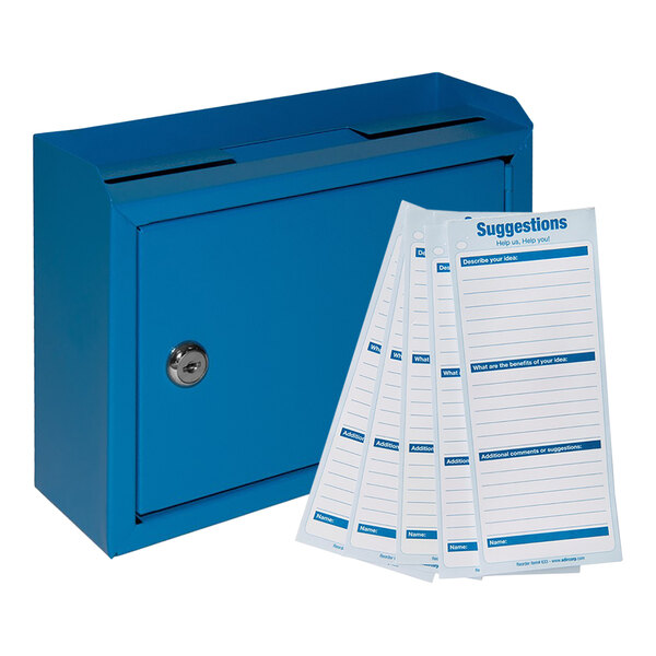 A blue metal box with several papers inside.