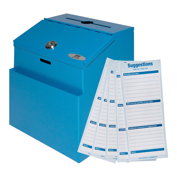 A blue ADIRoffice wall mounted suggestion box with suggestion cards inside.