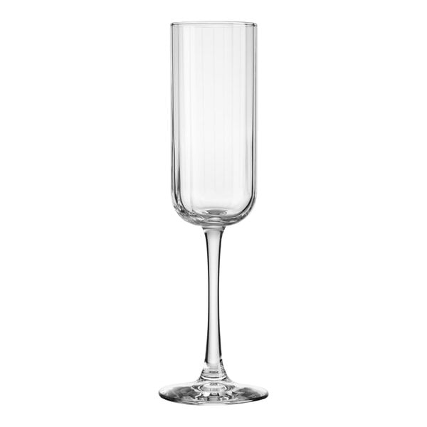 A clear Libbey flute wine glass with a long stem.