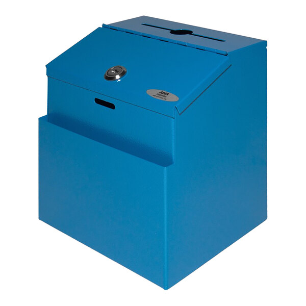 A blue steel wall mounted suggestion box with a key and keyhole on top.