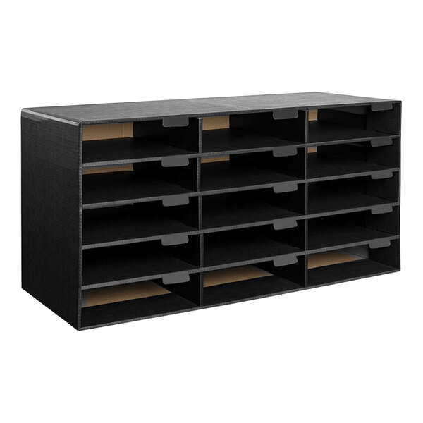 A black shelf with 15 compartments.