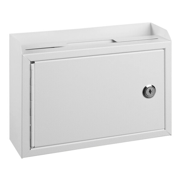A white steel wall mounted suggestion box with a keyhole.