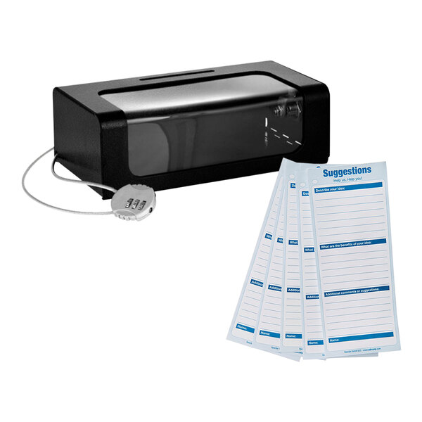 A black ADIRoffice steel suggestion box with a cable and white suggestion cards on a counter.