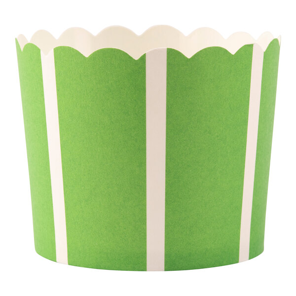 A green and white striped Sophistiplate Simply Baked baking cup.