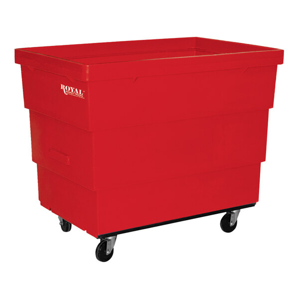 A red plastic Royal Basket Trucks recycle cart on wheels.
