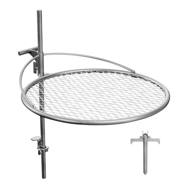 A BREEO stainless steel round grill grate with a metal hook.