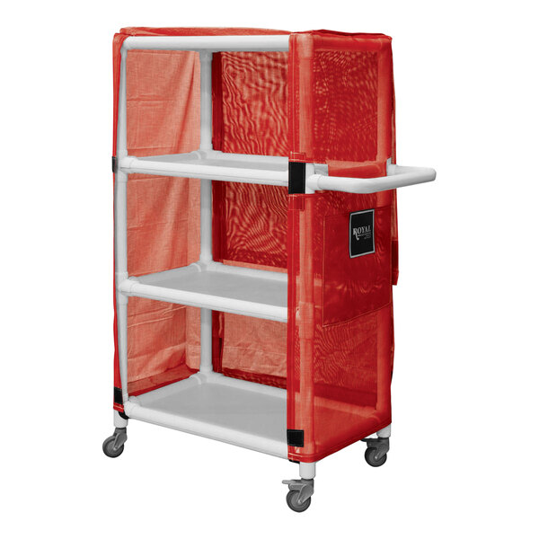 A red Royal Basket Trucks linen cart with wheels and mesh shelves.