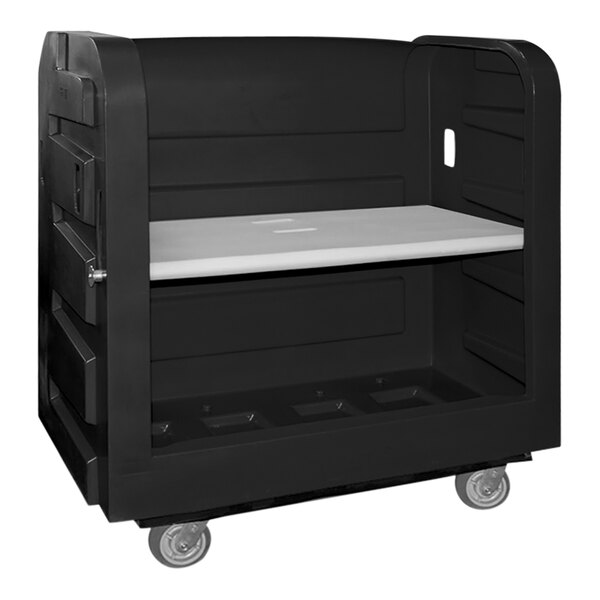 A black Royal Basket Trucks turnabout laundry cart with a white plastic shelf.